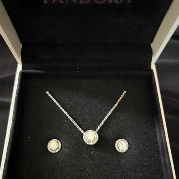 Pandora Jewelry - Genuine Pandora Classic Round Sparkle Sterling Silver Necklace & Earring Set